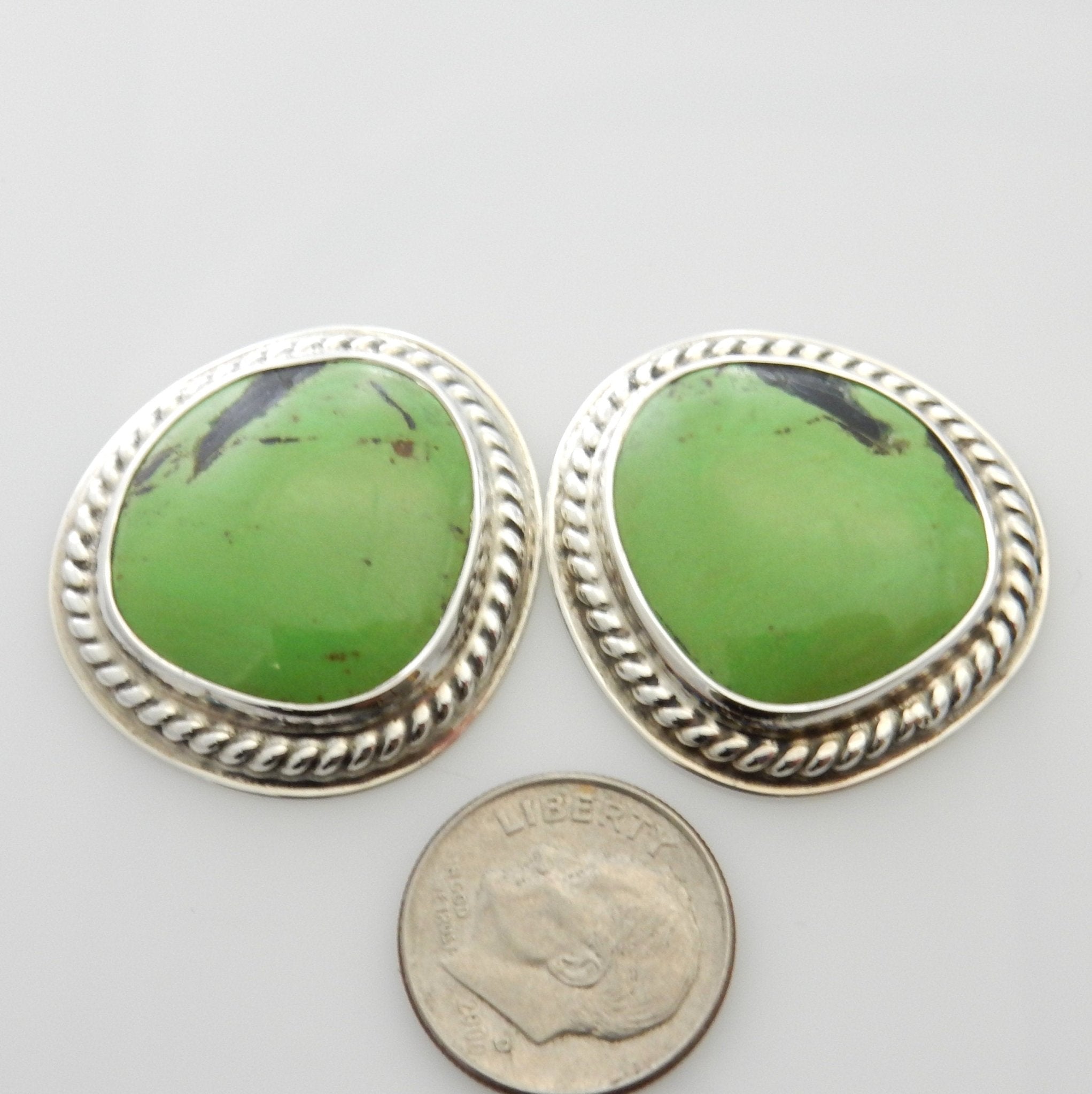 Beautiful Sterling Silver Green Gaspeite Post Earrings, Silver Handmade Gaspeite Earrings, Unique Southwestern Silver Gaspeite Post Earrings - DeSantis