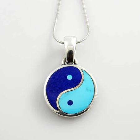 Custom Sterling Silver Turquoise Lapis Inlay Yin Yang Pendant - DeSantis