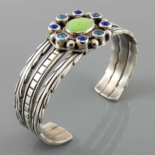 Gaspeite Multi Stone Modern Sterling Silver Cuff Bracelet - DeSantis