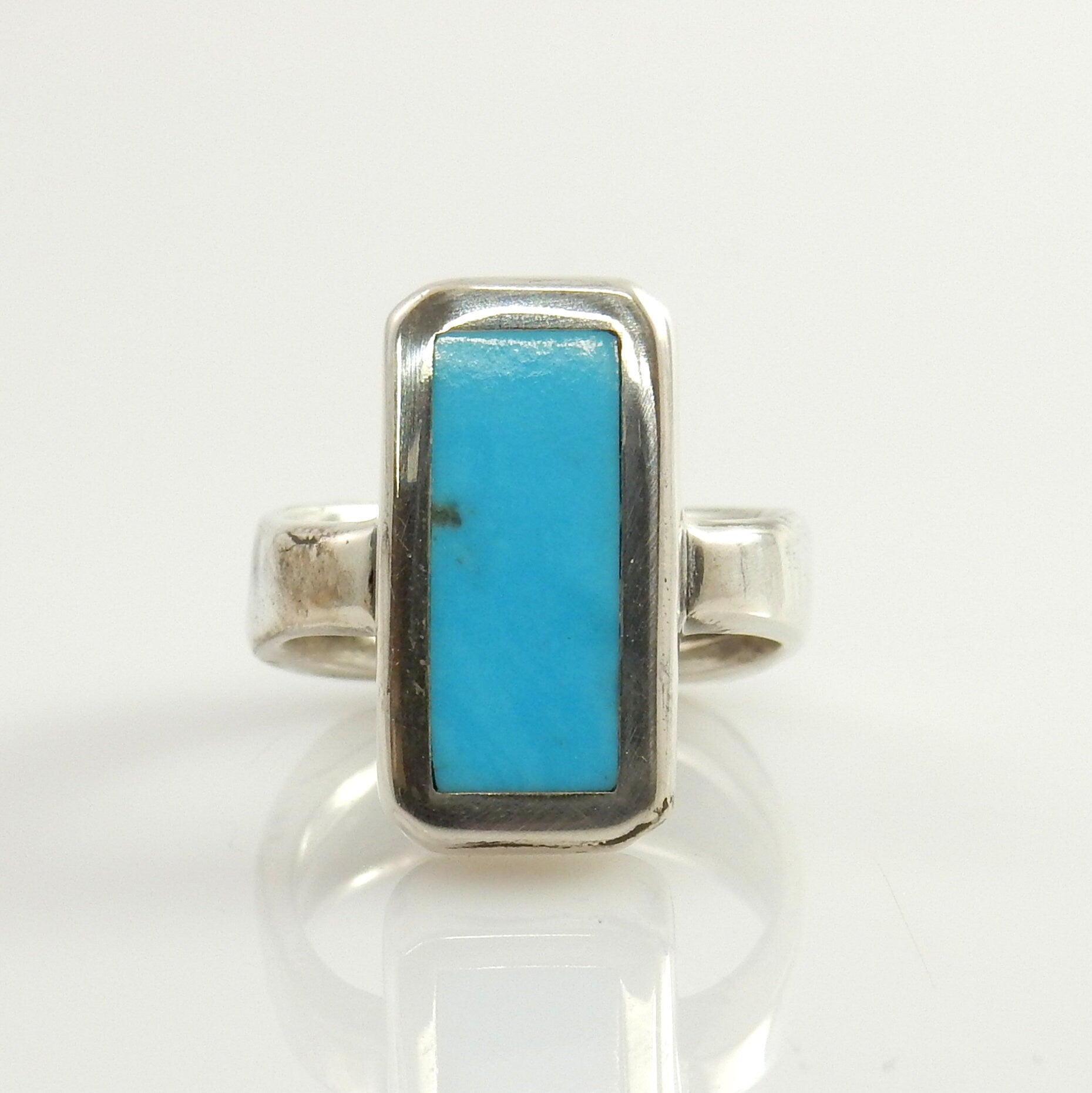 Genuine natural blue turquoise inlaid ring, southwestern silver ring, Unique Sterling Silver Blue Turquoise Inlay designer ring size 5 - DeSantis