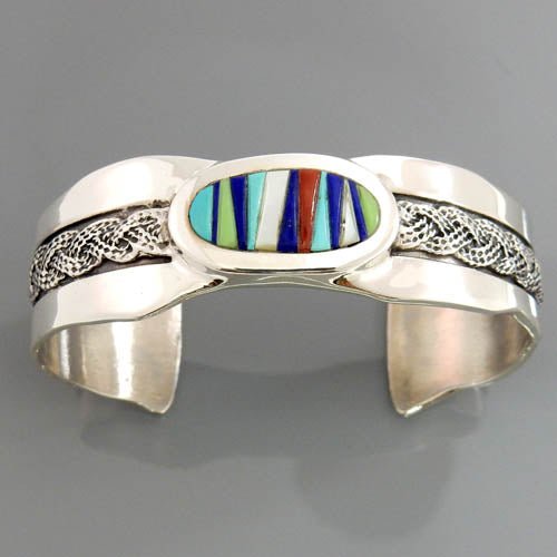 Handcrafted Sterling Silver Multi Stone Inlay Cuff Bracelet - DeSantis