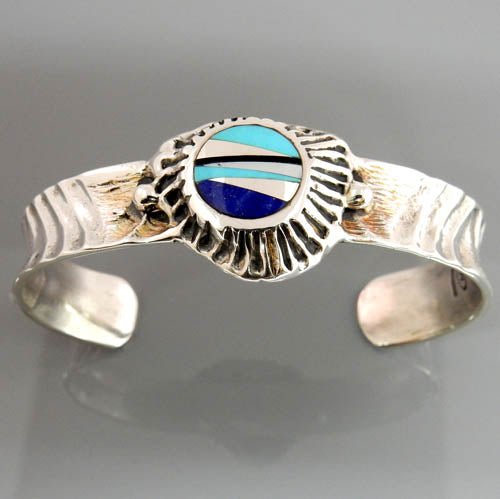 Handcrafted Sterling Silver Multi Stone Inlay Cuff Bracelet - DeSantis