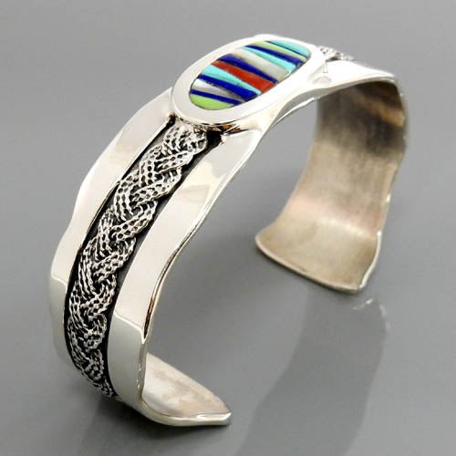 Handcrafted Sterling Silver Multi Stone Inlay Cuff Bracelet - DeSantis