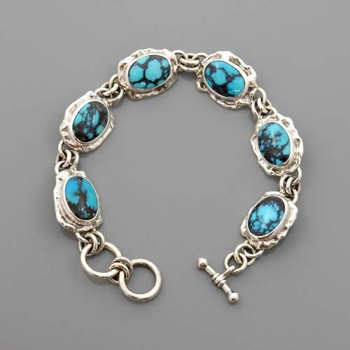 Handmade Adjustable Sterling Silver Blue Turquoise Link Bracelet - DeSantis