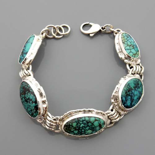 Handmade Adjustable Sterling Silver Tibetan Turquoise Link Bracelet - DeSantis