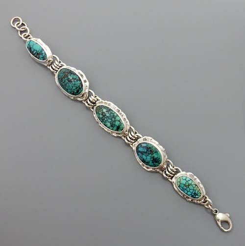 Handmade Adjustable Sterling Silver Tibetan Turquoise Link Bracelet - DeSantis