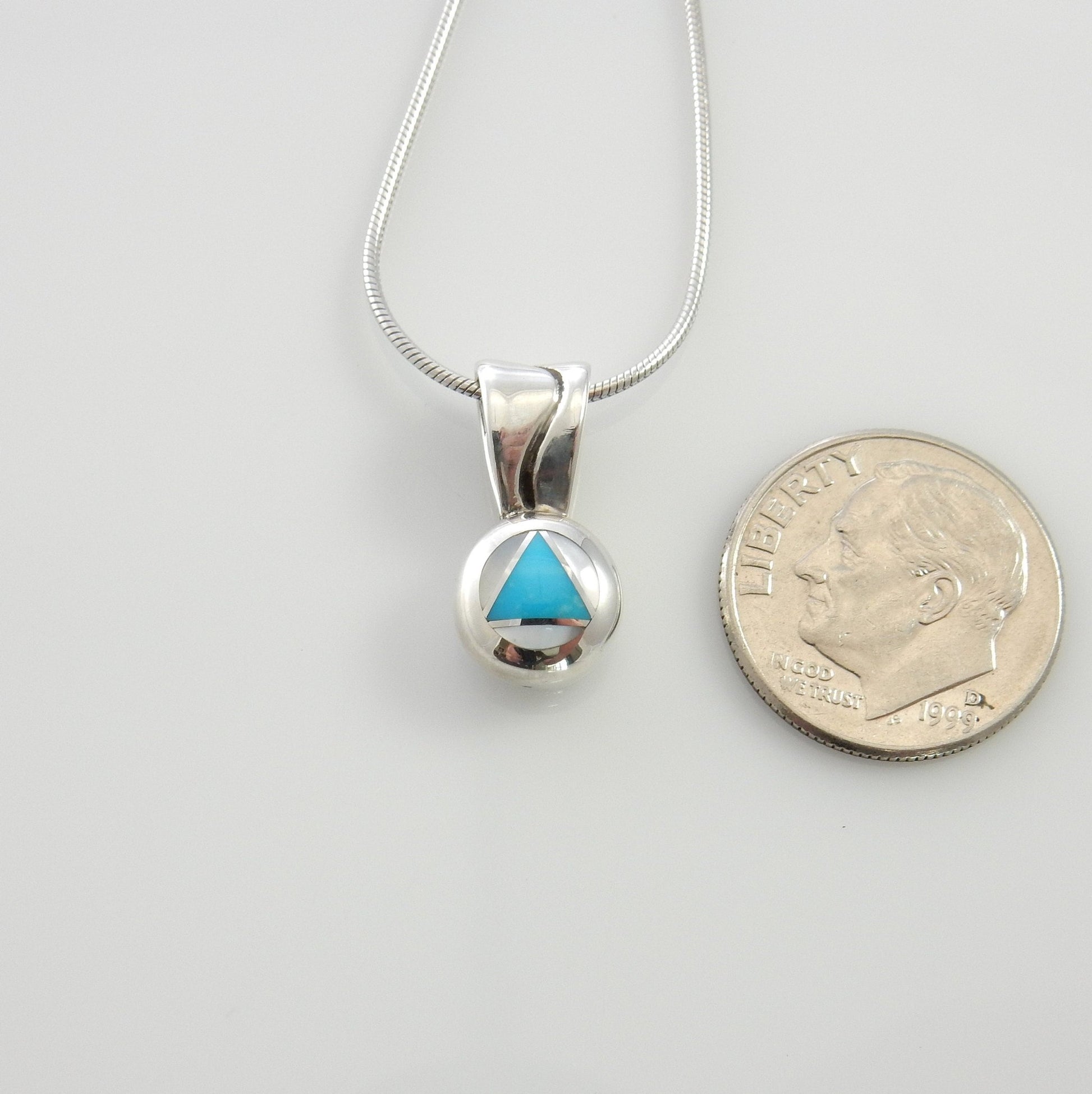 Handmade Mother of Pearl Turquoise Inlay Drop Pendant with chain, Turquoise Inlay Sterling Silver Pendant for her - DeSantis