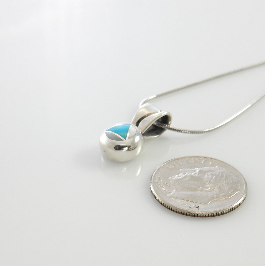 Handmade Mother of Pearl Turquoise Inlay Drop Pendant with chain, Turquoise Inlay Sterling Silver Pendant for her - DeSantis