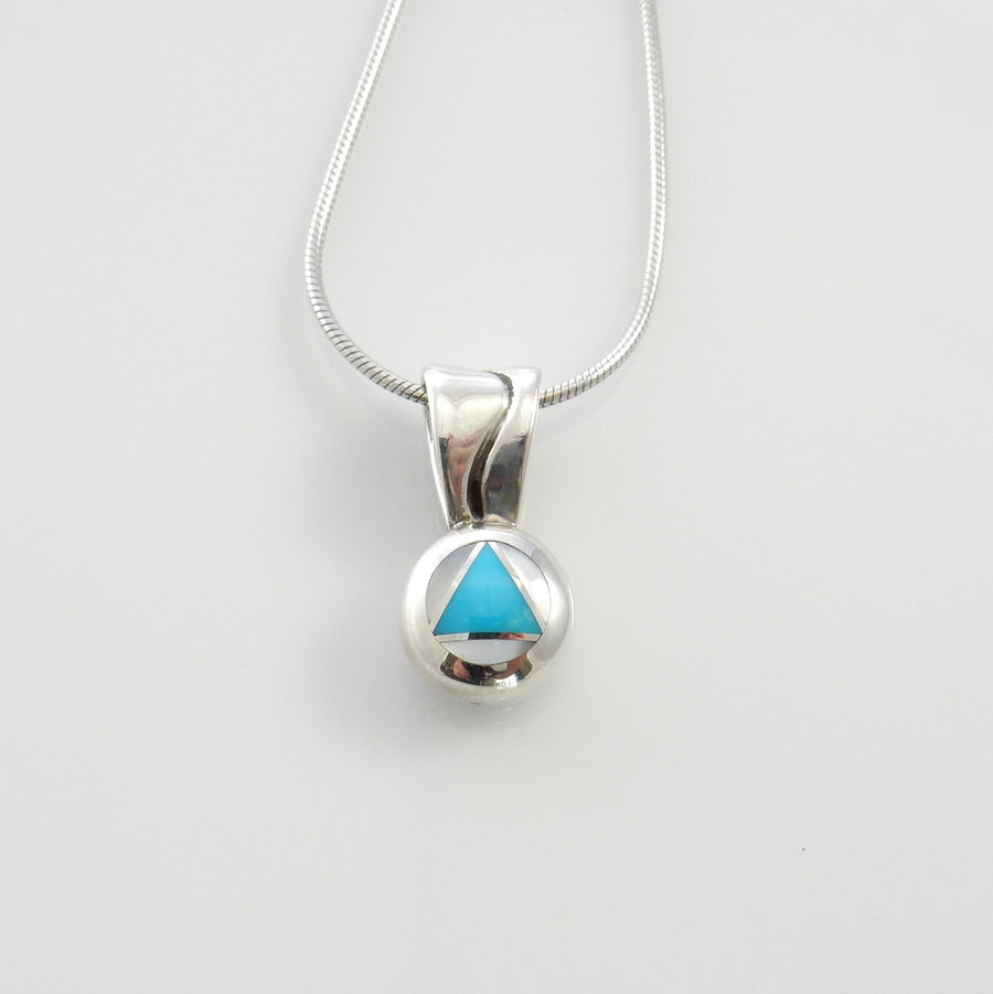 Handmade Mother of Pearl Turquoise Inlay Drop Pendant with chain, Turquoise Inlay Sterling Silver Pendant for her - DeSantis