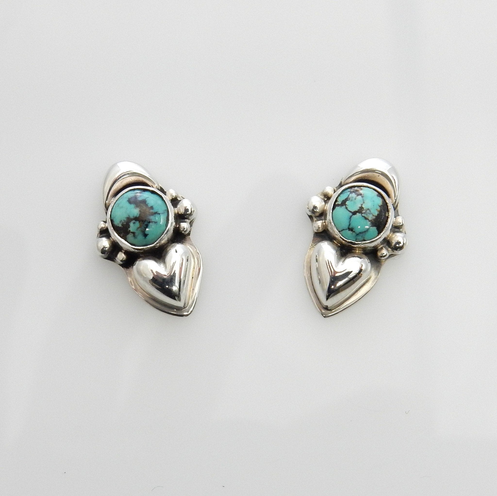 Handmade Sterling Silver Spiderweb Turquoise Post Heart Earrings, Unique Silver Turquoise Heart Earrings, Nice Sterling Heart Stud Earrings - DeSantis