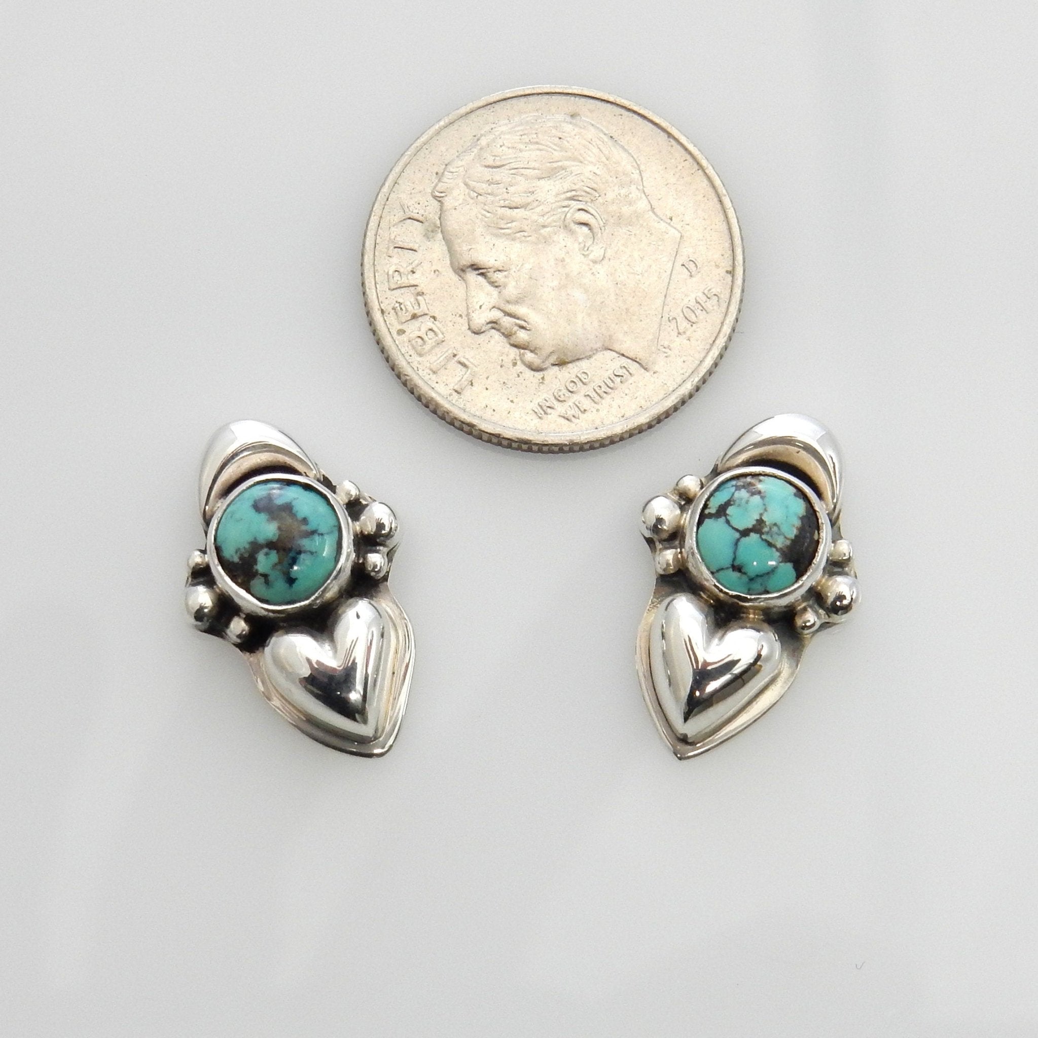 Handmade Sterling Silver Spiderweb Turquoise Post Heart Earrings, Unique Silver Turquoise Heart Earrings, Nice Sterling Heart Stud Earrings - DeSantis