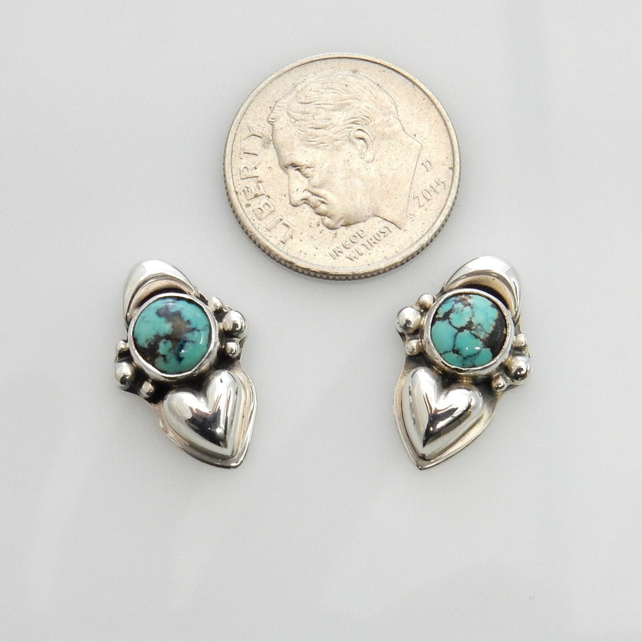 Handmade Sterling Silver Spiderweb Turquoise Post Heart Earrings, Unique Silver Turquoise Heart Earrings, Nice Sterling Heart Stud Earrings - DeSantis