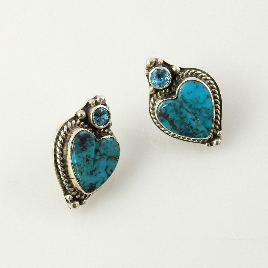 Handmade Sterling Silver Turquoise Topaz Heart Post Earrings - DeSantis