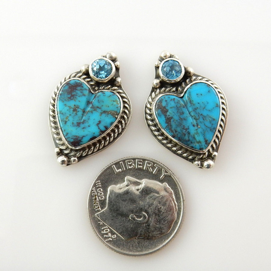 Handmade Sterling Silver Turquoise Topaz Heart Post Earrings - DeSantis