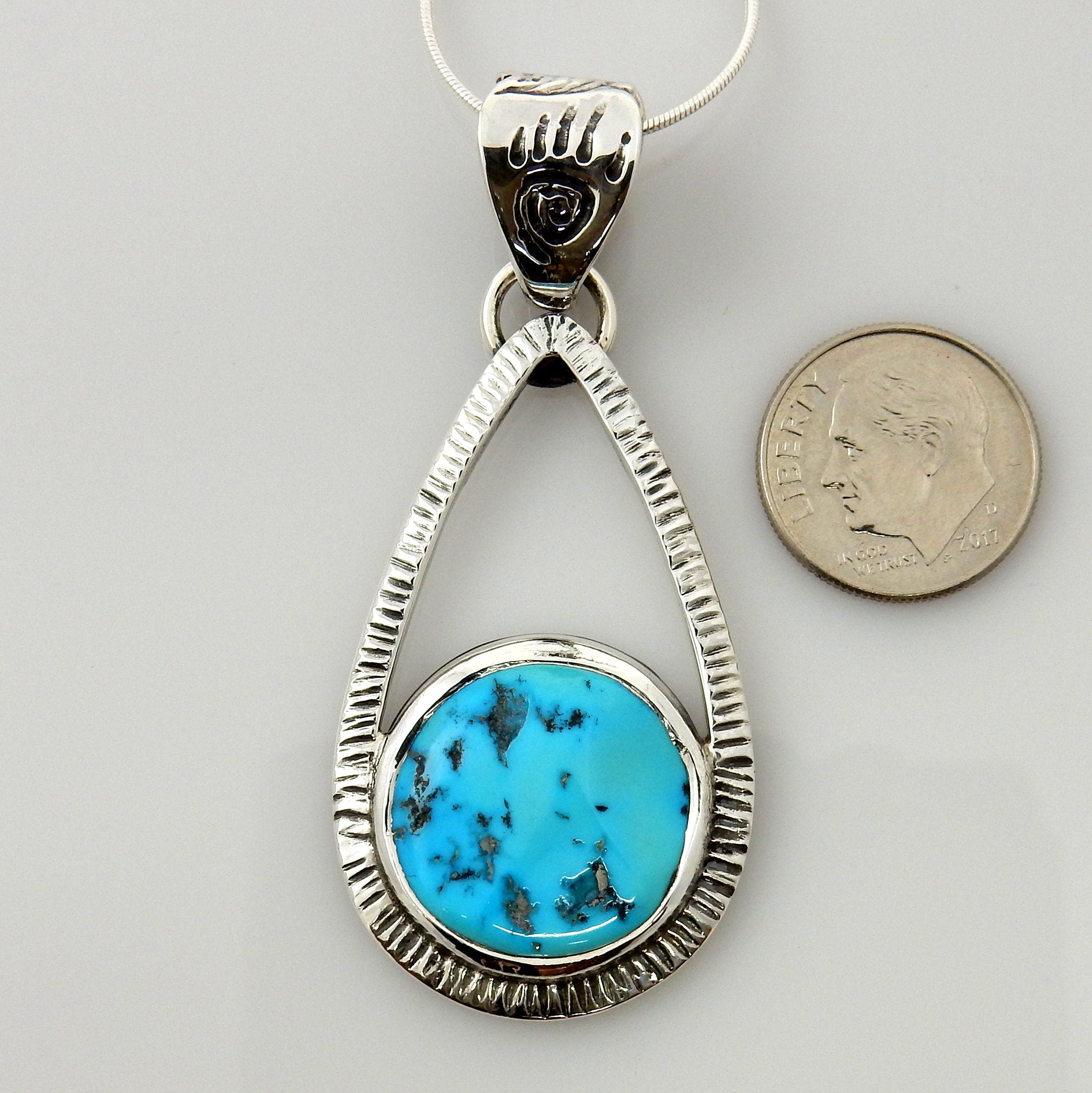 Unique Sterling Silver Blue Turquoise Pendant, Silver Blue Turquoise Textured Silver Pendant, Unique Sterling Turquoise Bear Paw Pendant