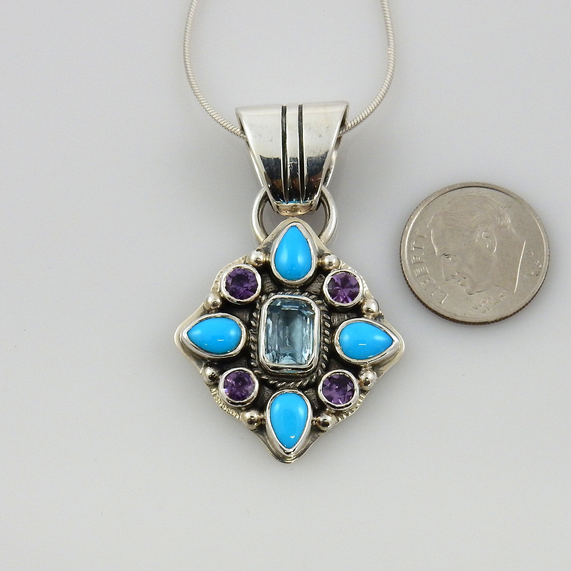 Silver turquoise pendant, turquoise silver pendant, topaz turquoise pendant, silver amethyst turquoise pendant, unique multistone pendant