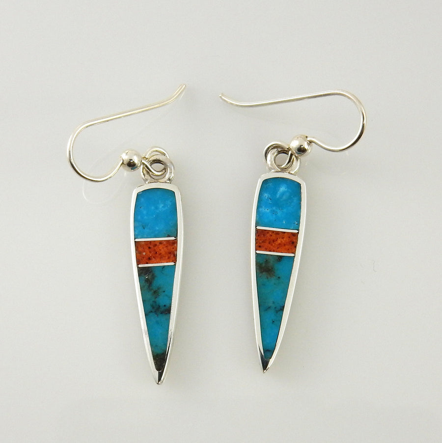 Sterling Silver Turquoise Coral Inlay Dangle Earrings