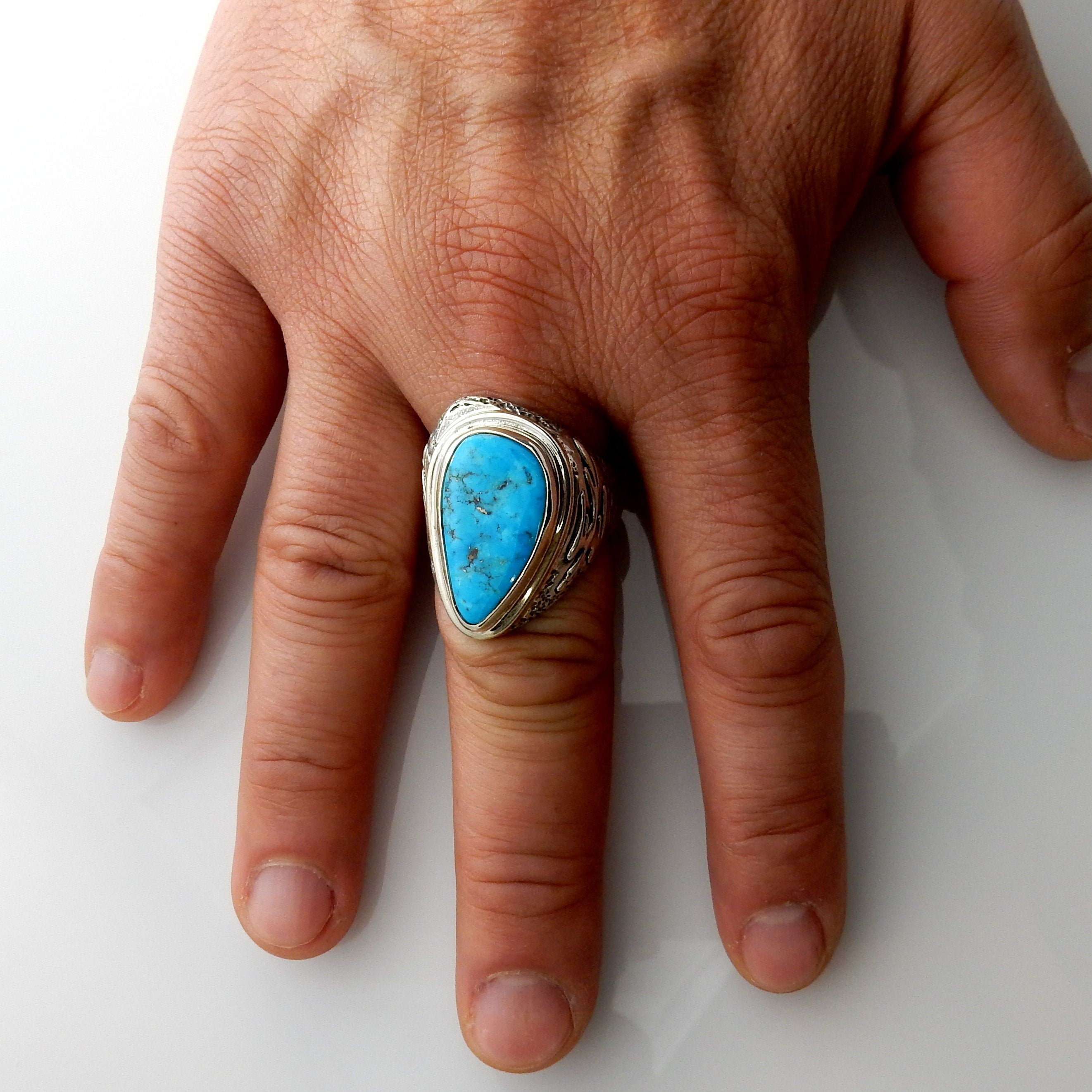 Unique Southwestern Silver Men's Blue Turquoise Ring size 12, Handmade Sterling Silver Blue Morenci Turquoise Mens Ring, Turquoise .925 Ring