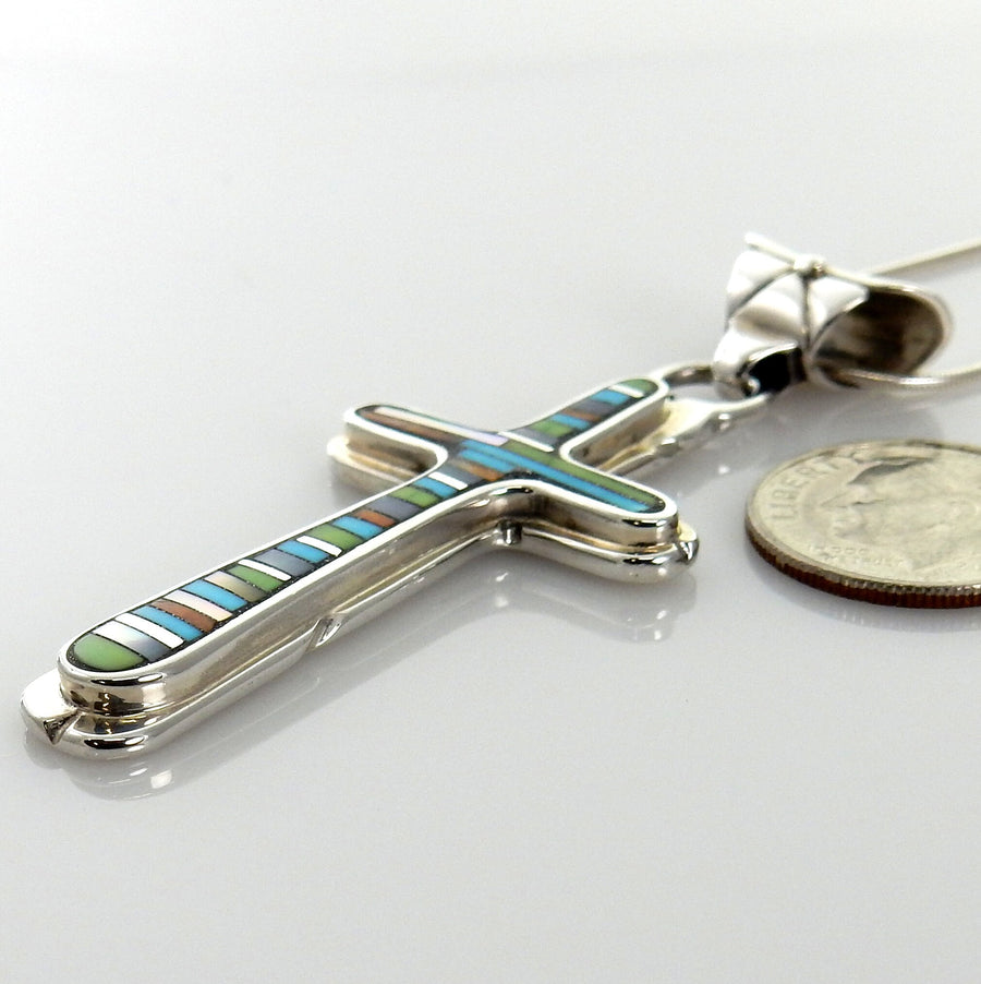 One of a Kind Sterling Silver Multi-stone Mosaic Inlay Cross Pendant