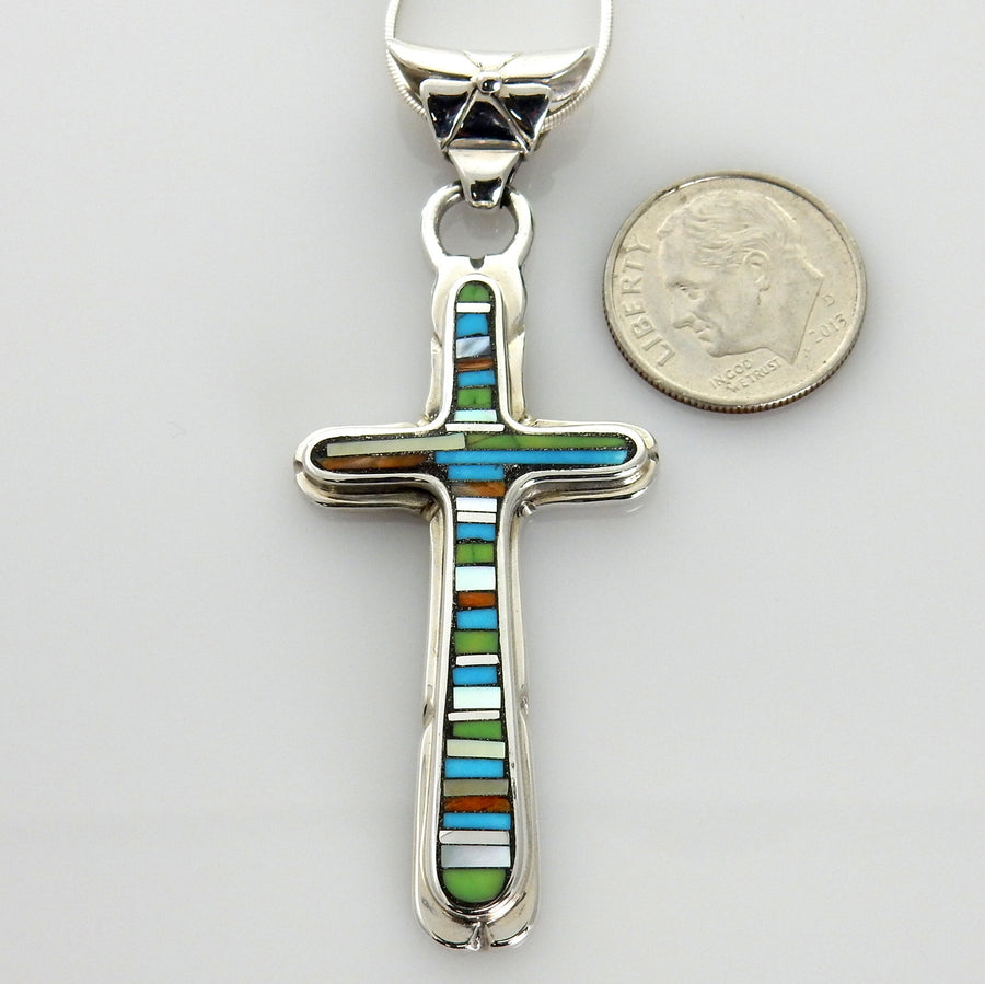 One of a Kind Sterling Silver Multi-stone Mosaic Inlay Cross Pendant