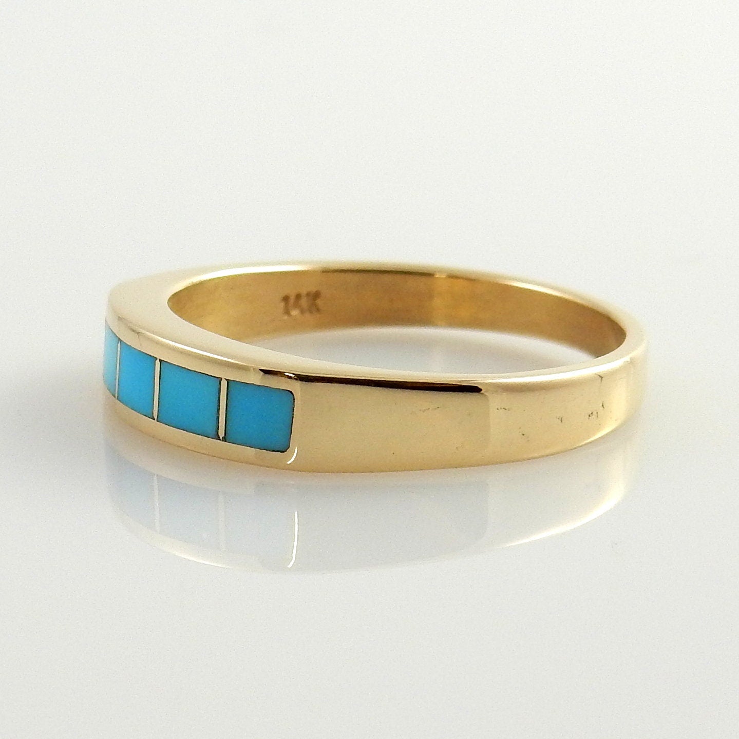 One of a Kind 14kt yellow gold blue turquoise inlay ring size 7.5, sleeping beauty turquoise inlay gold ring