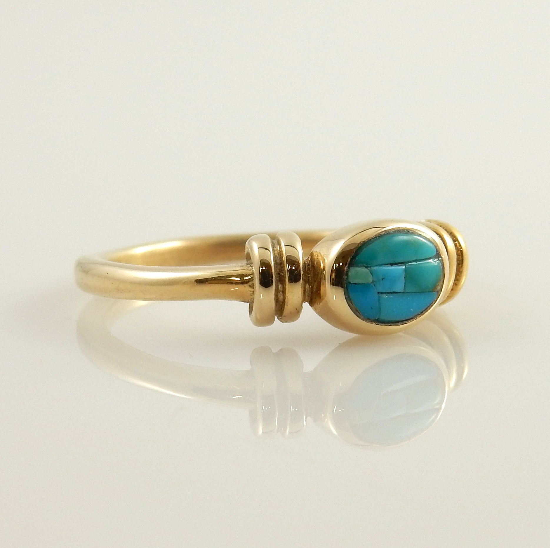 Unique 14kt yellow gold blue turquoise inlay ring size 8, natural turquoise yellow gold ring, lovely blue turquoise yellow gold ring jewelry