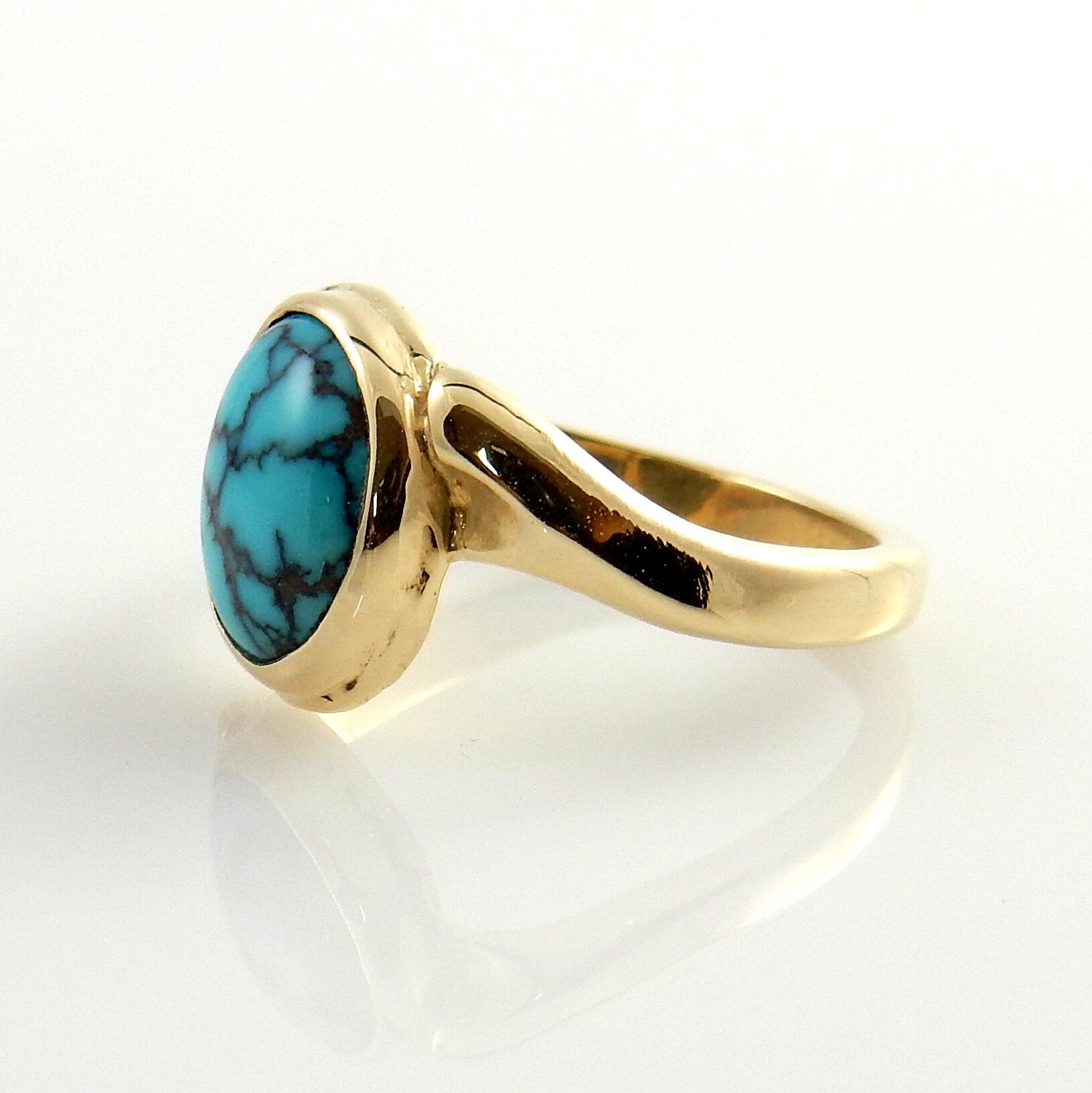 Nice 14kt yellow gold blue turquoise inlay ring, spiderweb blue turquoise 14kt yellow gold ring, gold turquoise nice unique ring size 7