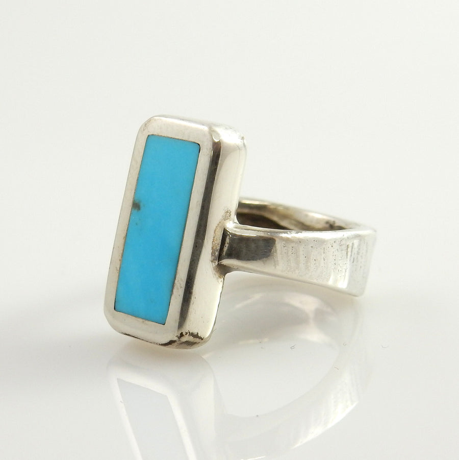 Genuine natural blue turquoise inlaid ring, southwestern silver ring, Unique Sterling Silver Blue Turquoise Inlay designer ring size 5