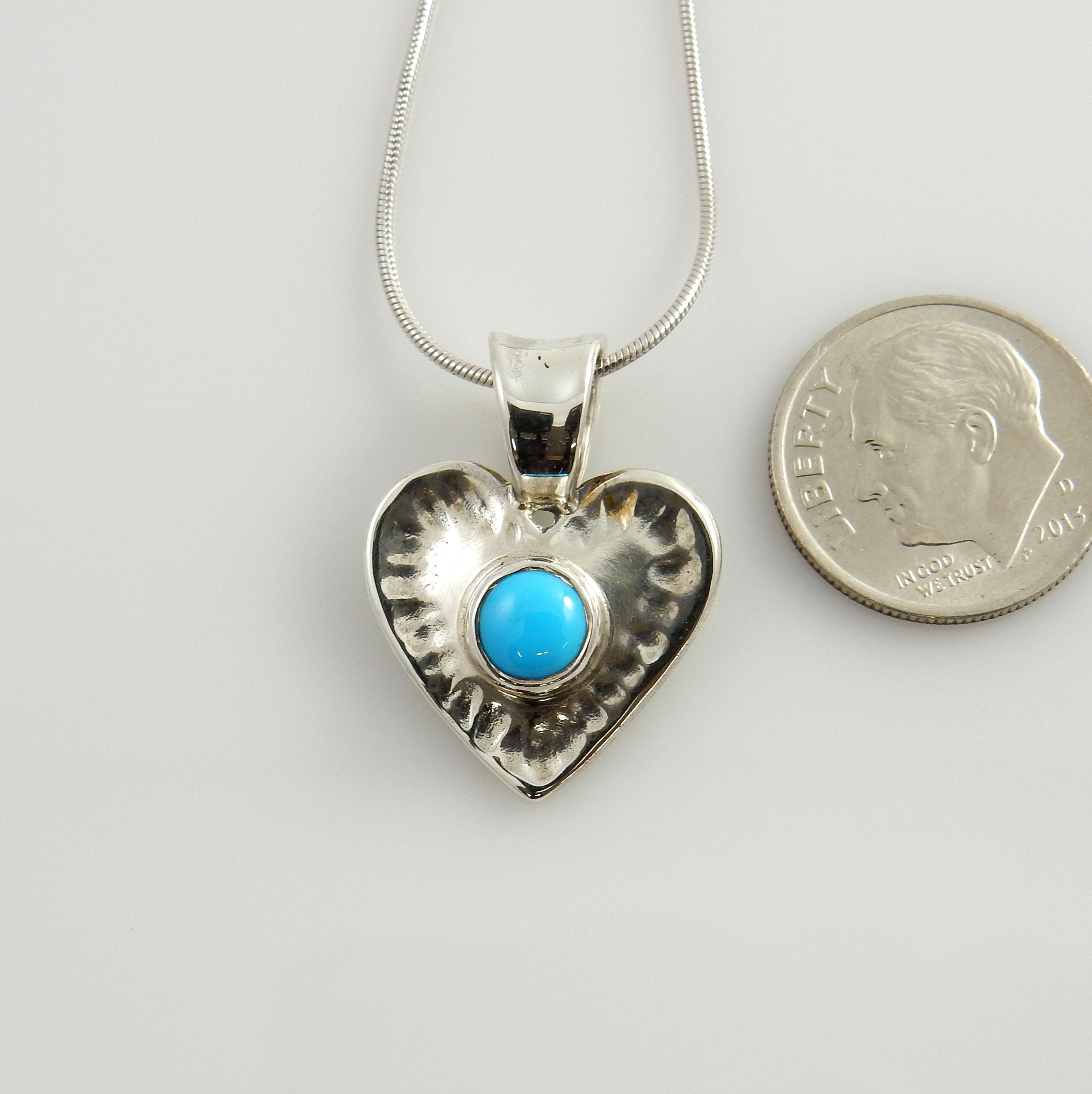 Solid Sterling Silver turquoise heart drop pendant with chain