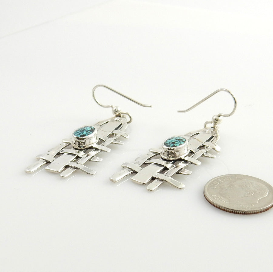 Sterling Silver Spiderweb Turquoise Weave Dangle Earrings