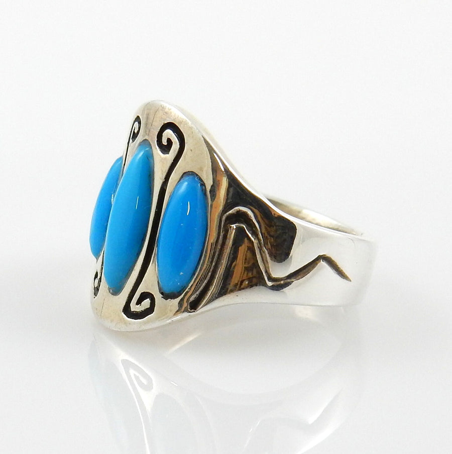 Genuine Blue Sleeping Beauty Turquoise .925 Sterling Silver Ring, Unique Sterling Silver Inlay Blue Sleeping Beauty Turquoise Ring Size 7.25