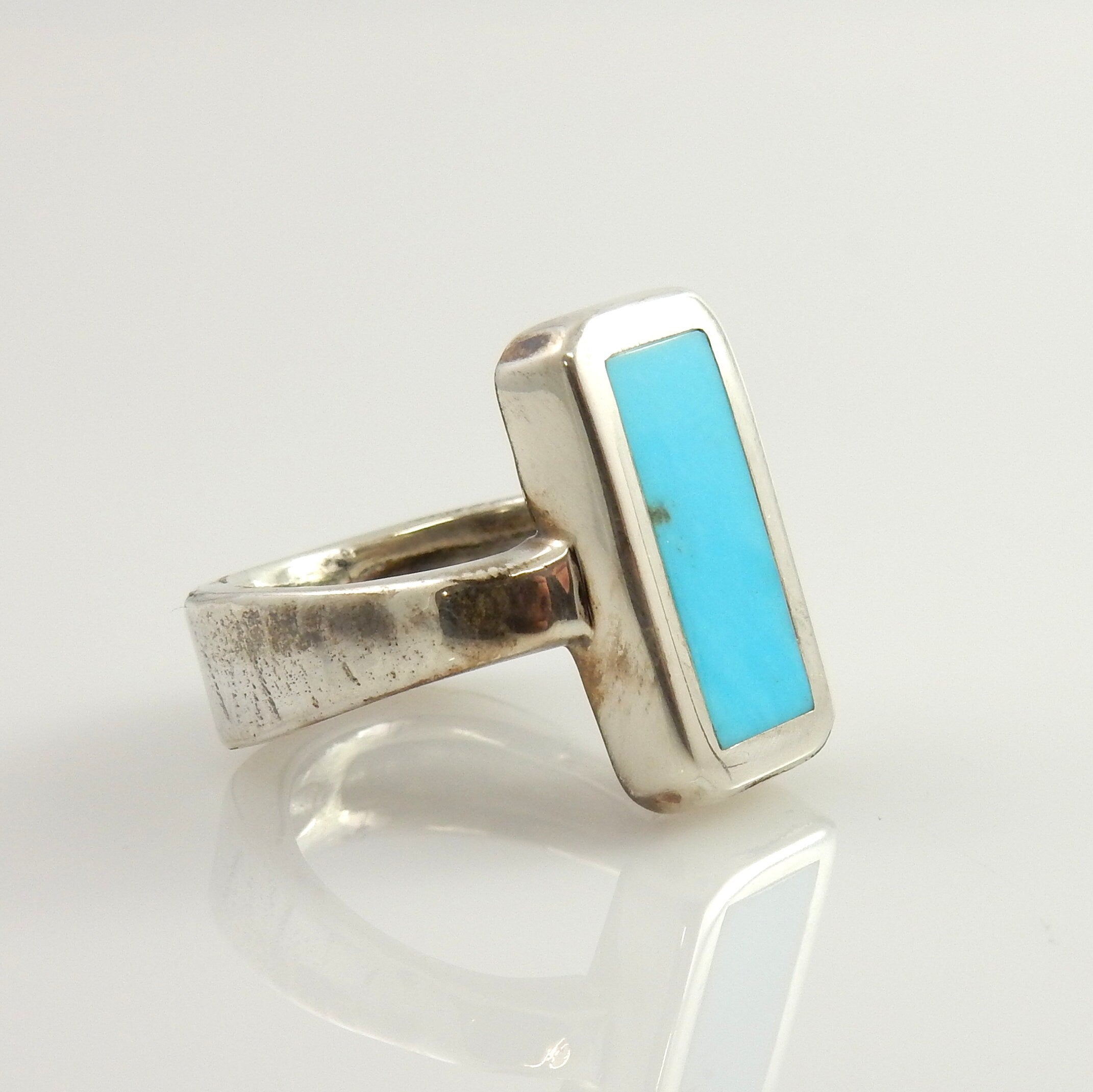 Genuine natural blue turquoise inlaid ring, southwestern silver ring, Unique Sterling Silver Blue Turquoise Inlay designer ring size 5