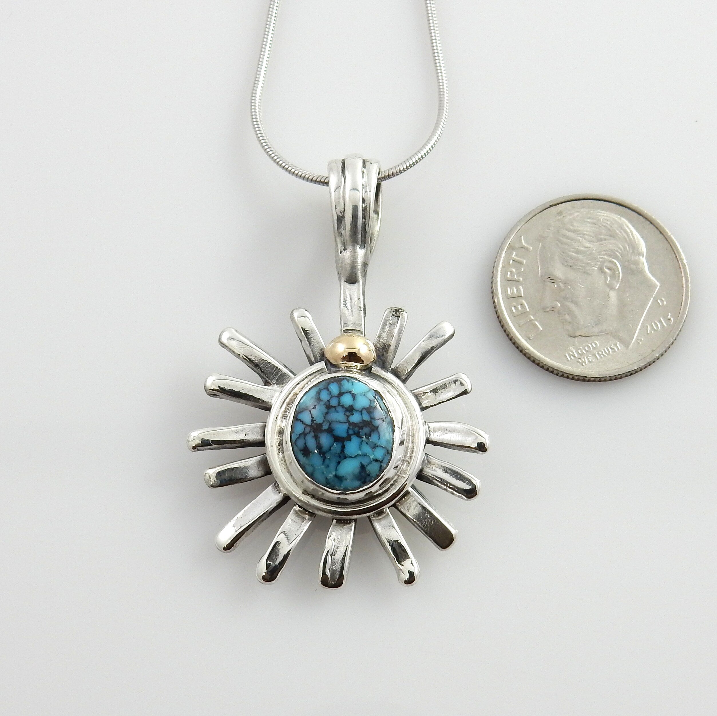 One-of-a-kind Sterling Silver Blue Turquoise Pendant, Unique Spiderweb Sterling Turquoise Drop Pendant, Silver Turquoise Pendant w/ Gold