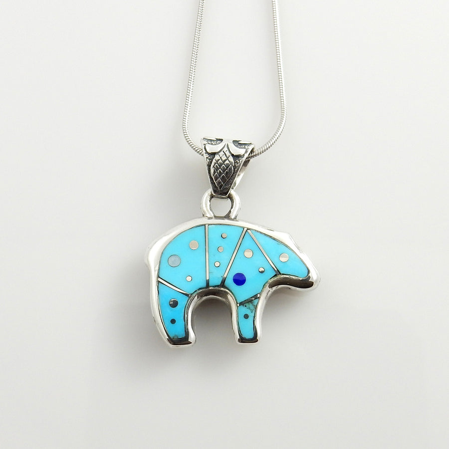 Sterling Silver Blue Turquoise Inlay Bear Pendant