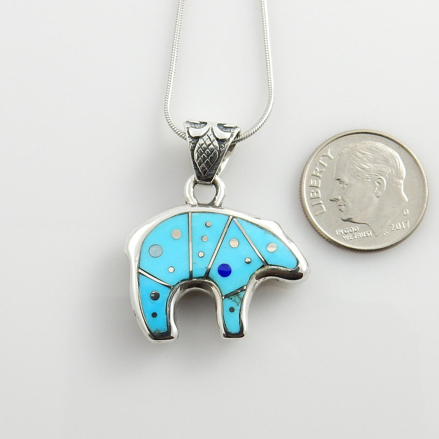 Sterling Silver Blue Turquoise Inlay Bear Pendant