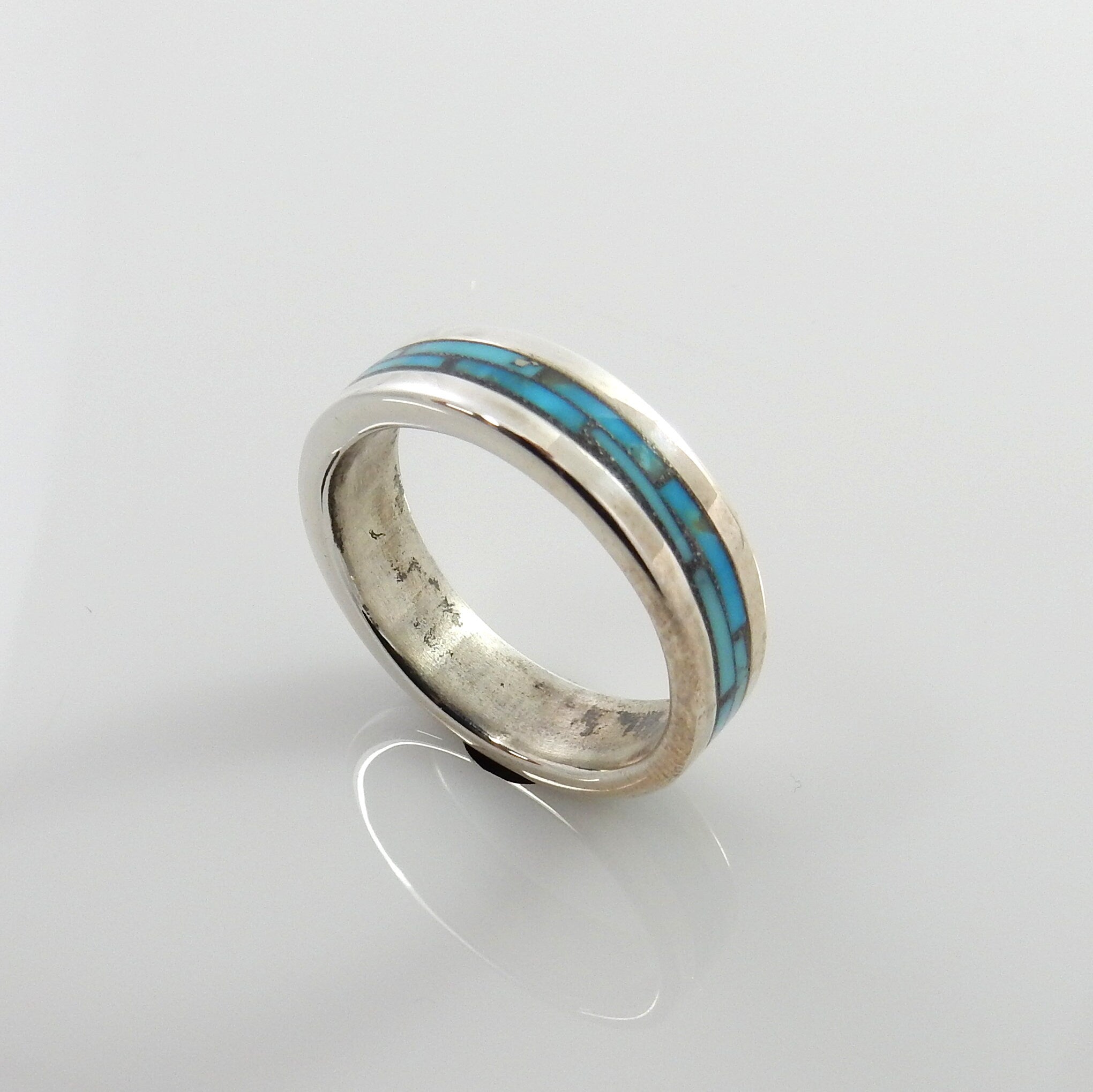 Unique Sterling Silver Blue Turquoise Mosaic Inlay ring, Silver Blue Turquoise Mosaic Inlay Ring, Sterling Turquoise Inlay Ring size 9.75