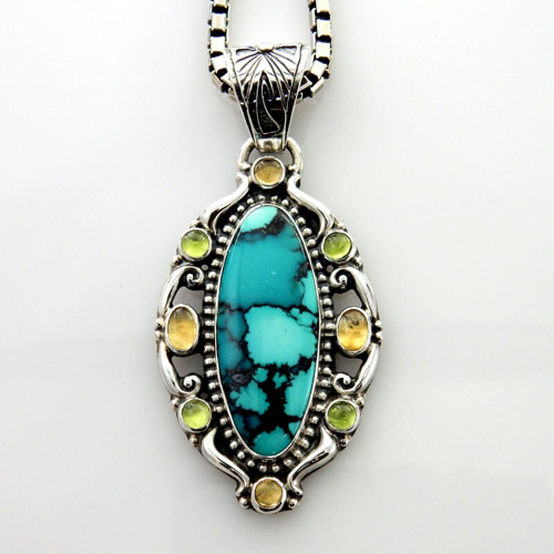 Sterling Silver Tibetan Turquoise Peridot Citrine Pendant