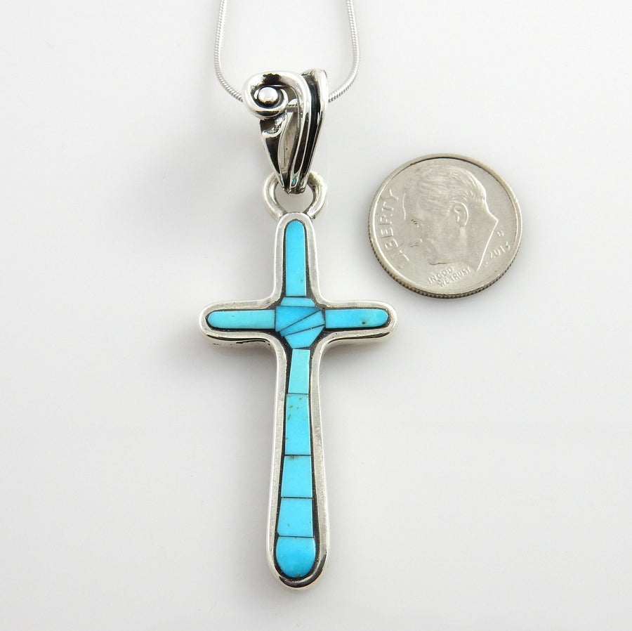 One of Kind Sterling Silver Mosaic Turquoise Inlay Cross Pendant