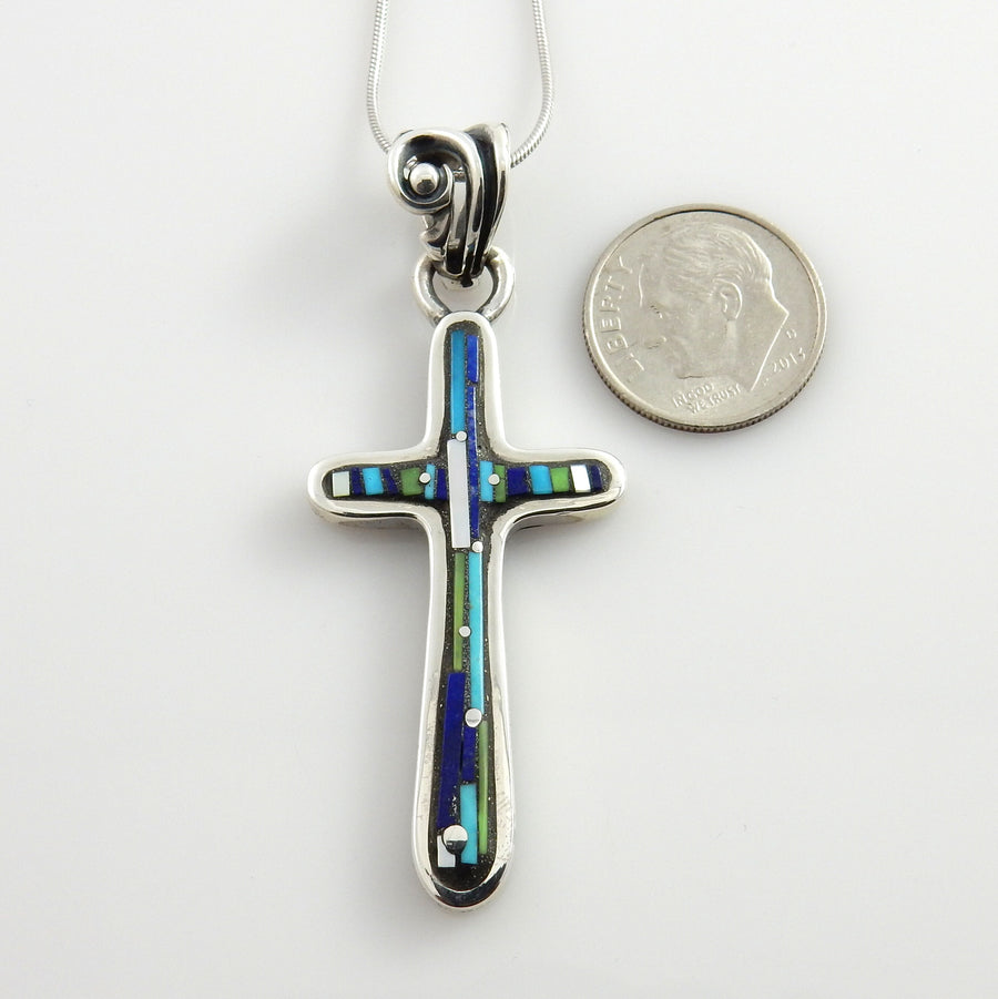 Sterling Silver Mosaic Turquoise Lapis Inlay Cross Pendant