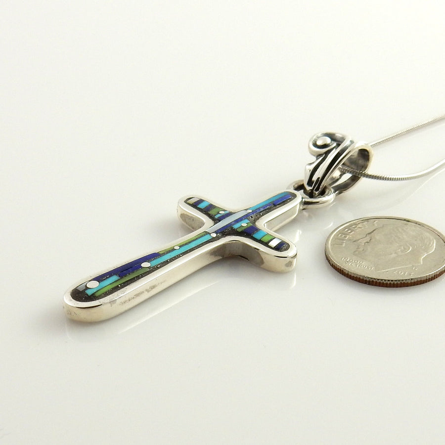 Sterling Silver Mosaic Turquoise Lapis Inlay Cross Pendant