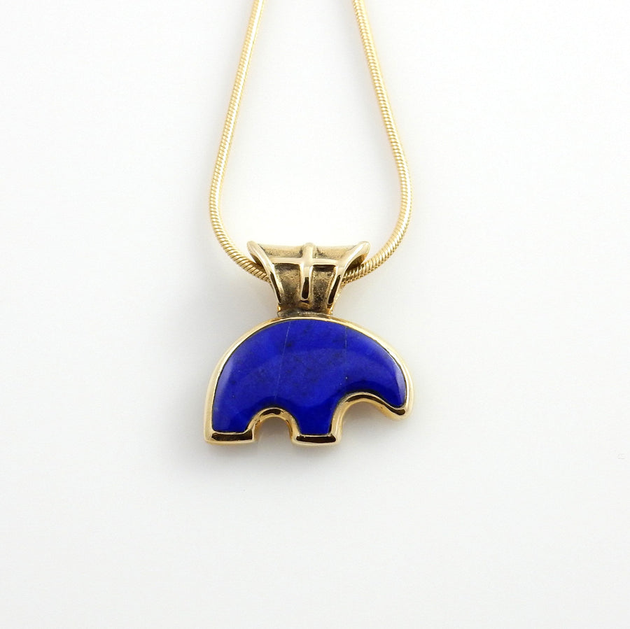 One of a Kind Handcrafted Lapis Gold Bear Pendant, Modern 14kt Yellow Gold Lapis Lazuli Bear Pendant, Yellow Gold Lapis Inlay Bear Pendant