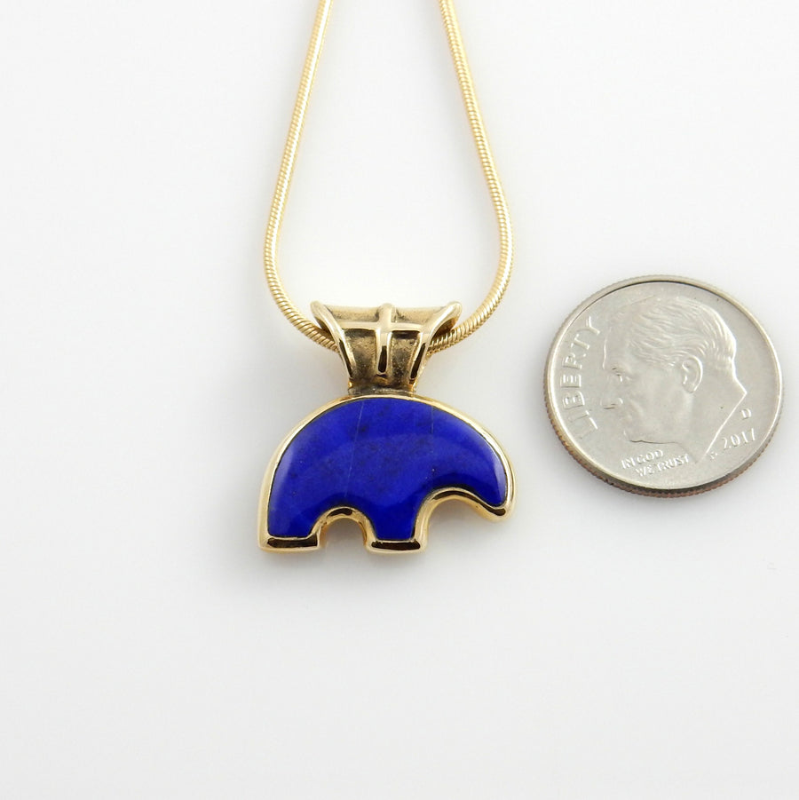 One of a Kind Handcrafted Lapis Gold Bear Pendant, Modern 14kt Yellow Gold Lapis Lazuli Bear Pendant, Yellow Gold Lapis Inlay Bear Pendant