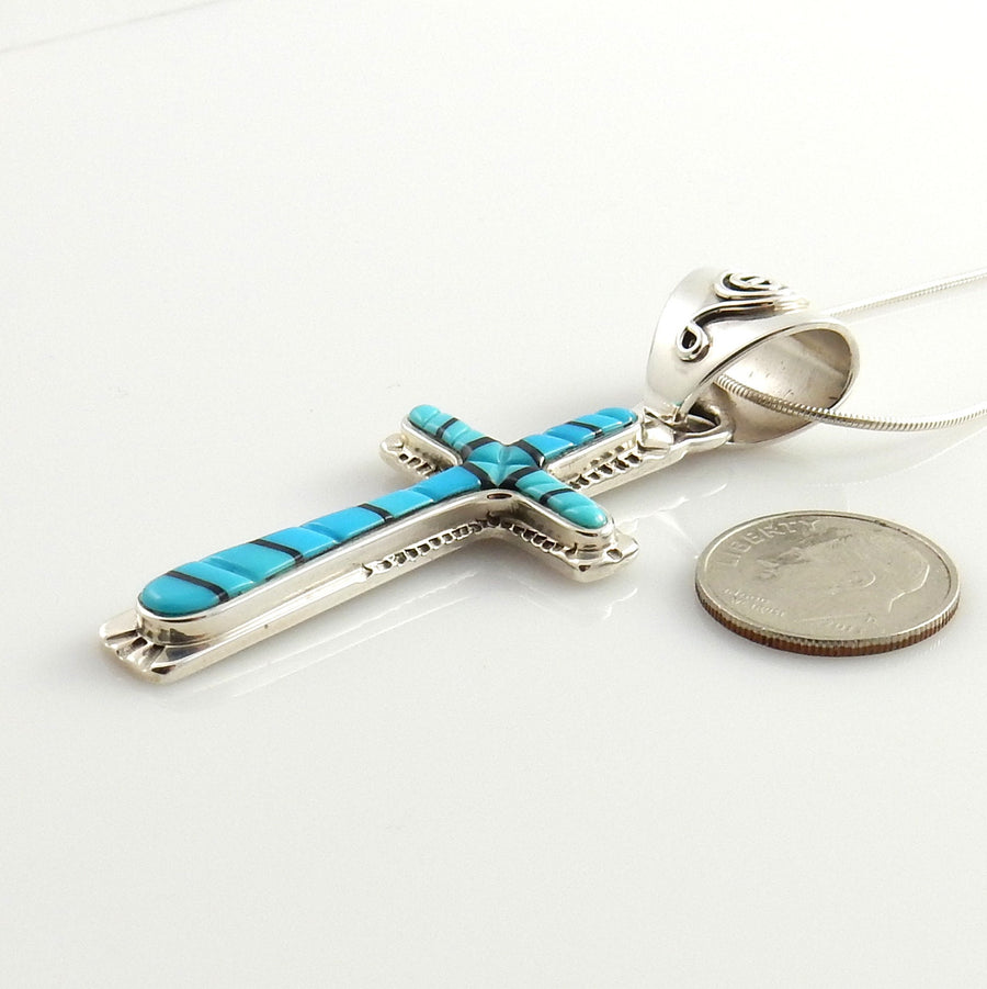 One of a Kind Sterling Silver Turquoise Onyx Inlay Cross Pendant