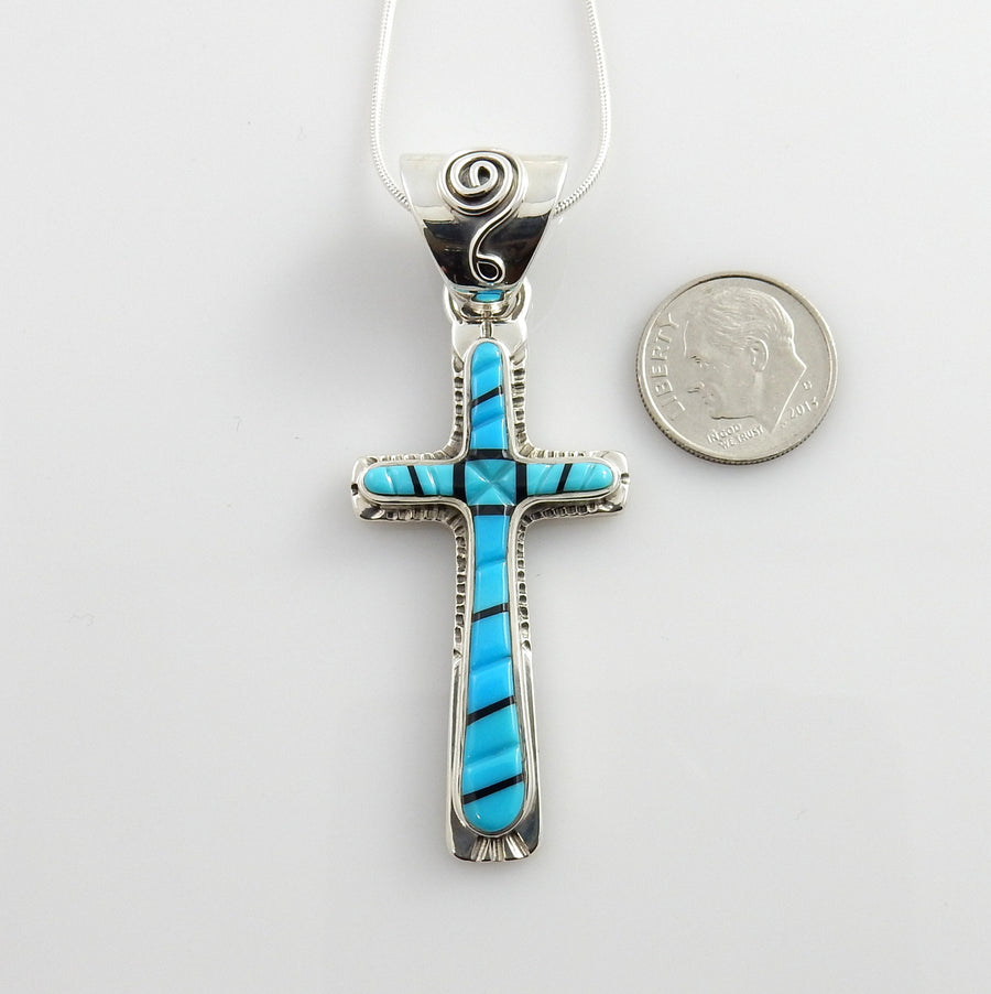 One of a Kind Sterling Silver Turquoise Onyx Inlay Cross Pendant