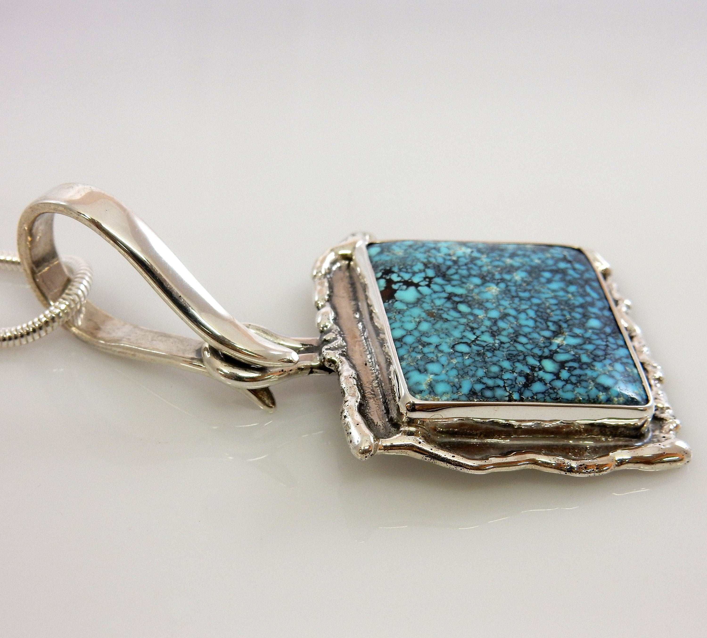 One of a Kind Sterling Silver Blue Spiderweb Turquoise Pendant