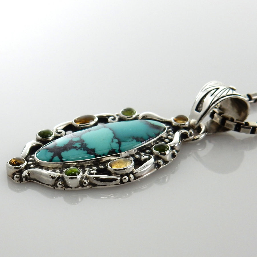 Sterling Silver Tibetan Turquoise Peridot Citrine Pendant