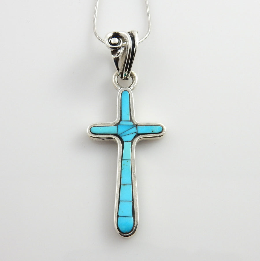 One of Kind Sterling Silver Mosaic Turquoise Inlay Cross Pendant