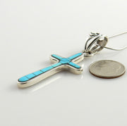 One of Kind Sterling Silver Mosaic Turquoise Inlay Cross Pendant