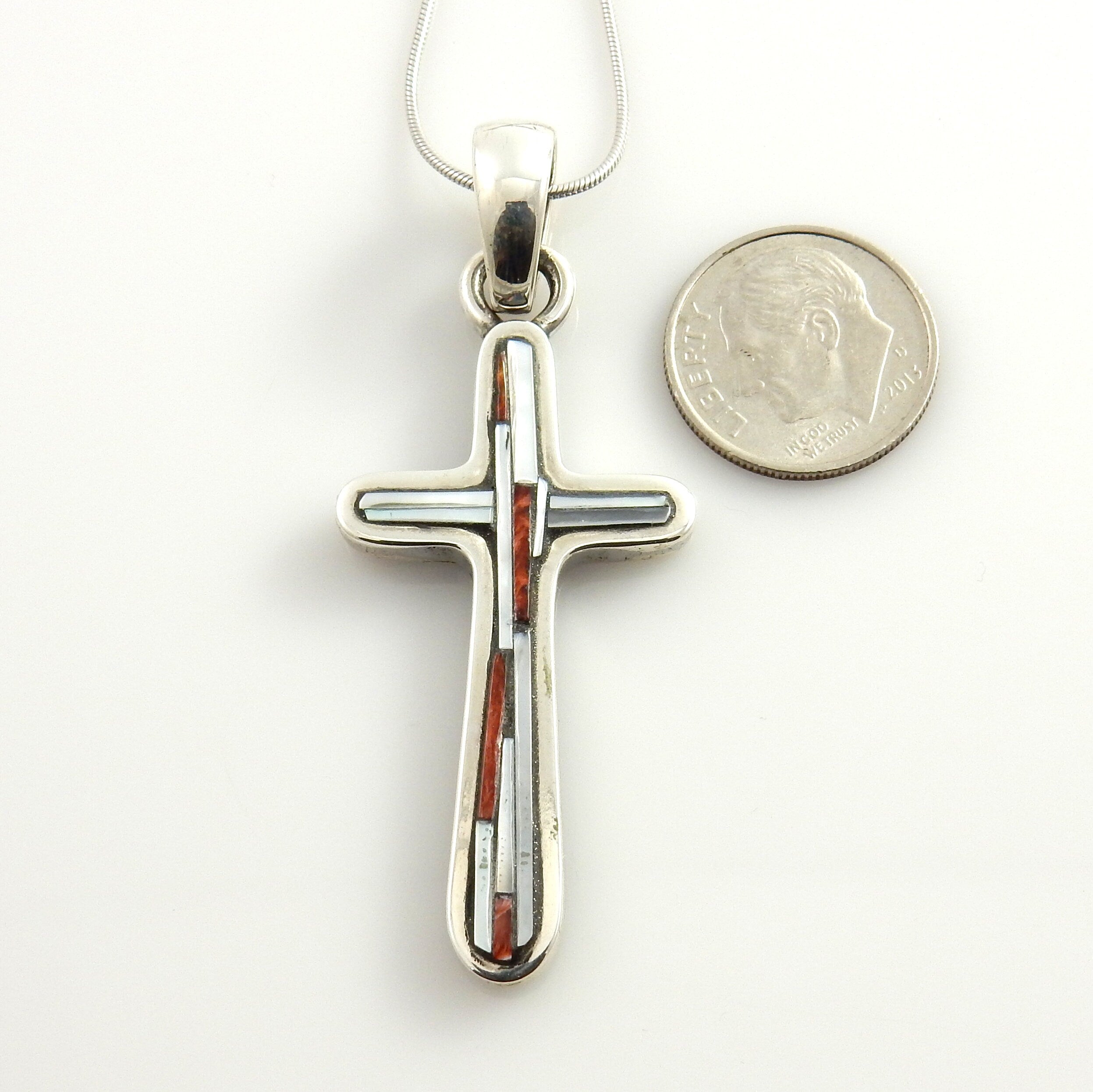 Silver Mosaic Spiny Oyster Mother of Pearl Inlay Cross Pendant