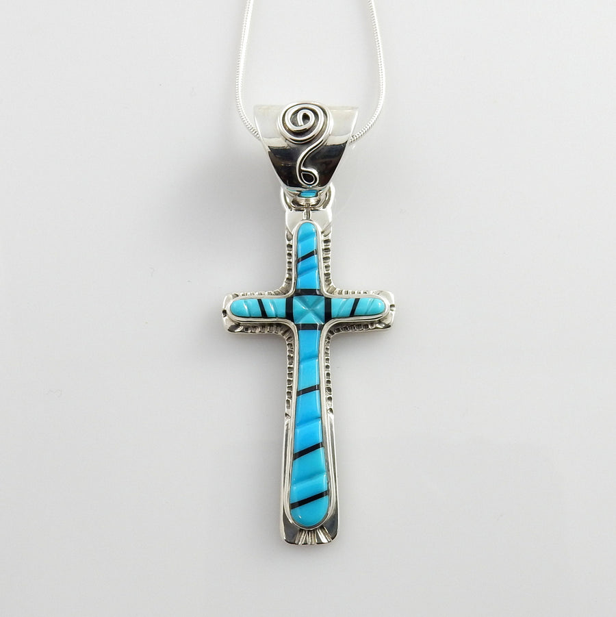 One of a Kind Sterling Silver Turquoise Onyx Inlay Cross Pendant